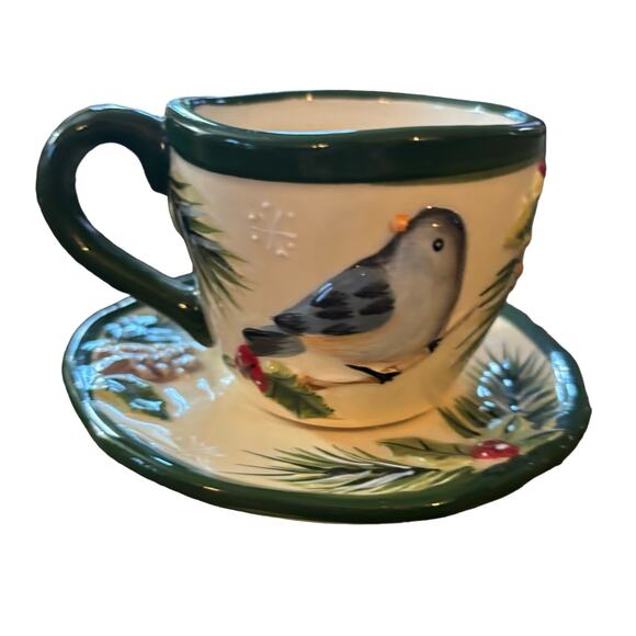 Yankee Candle Christmas Cup Saucer 2011 Cardinal Bird Ceramic Votive Tea Light - Picture 7 of 8